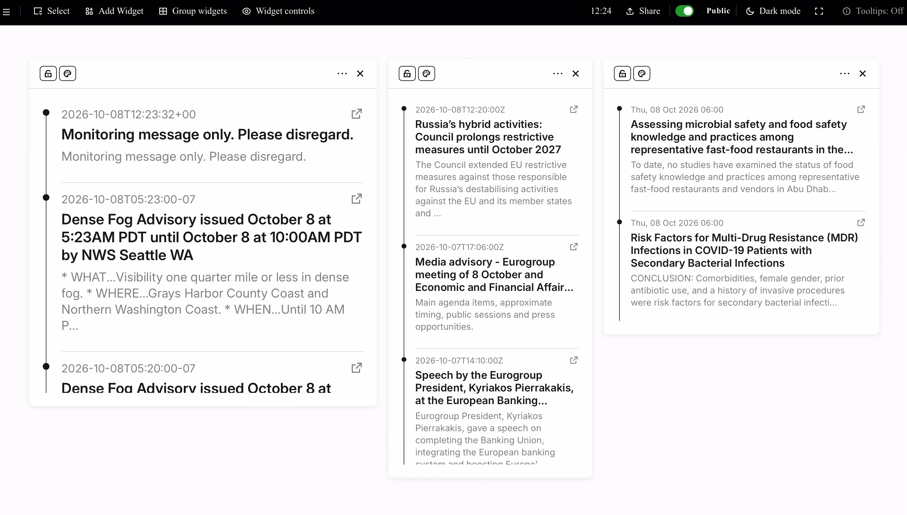 Panel de Specula con 3 widgets RSS