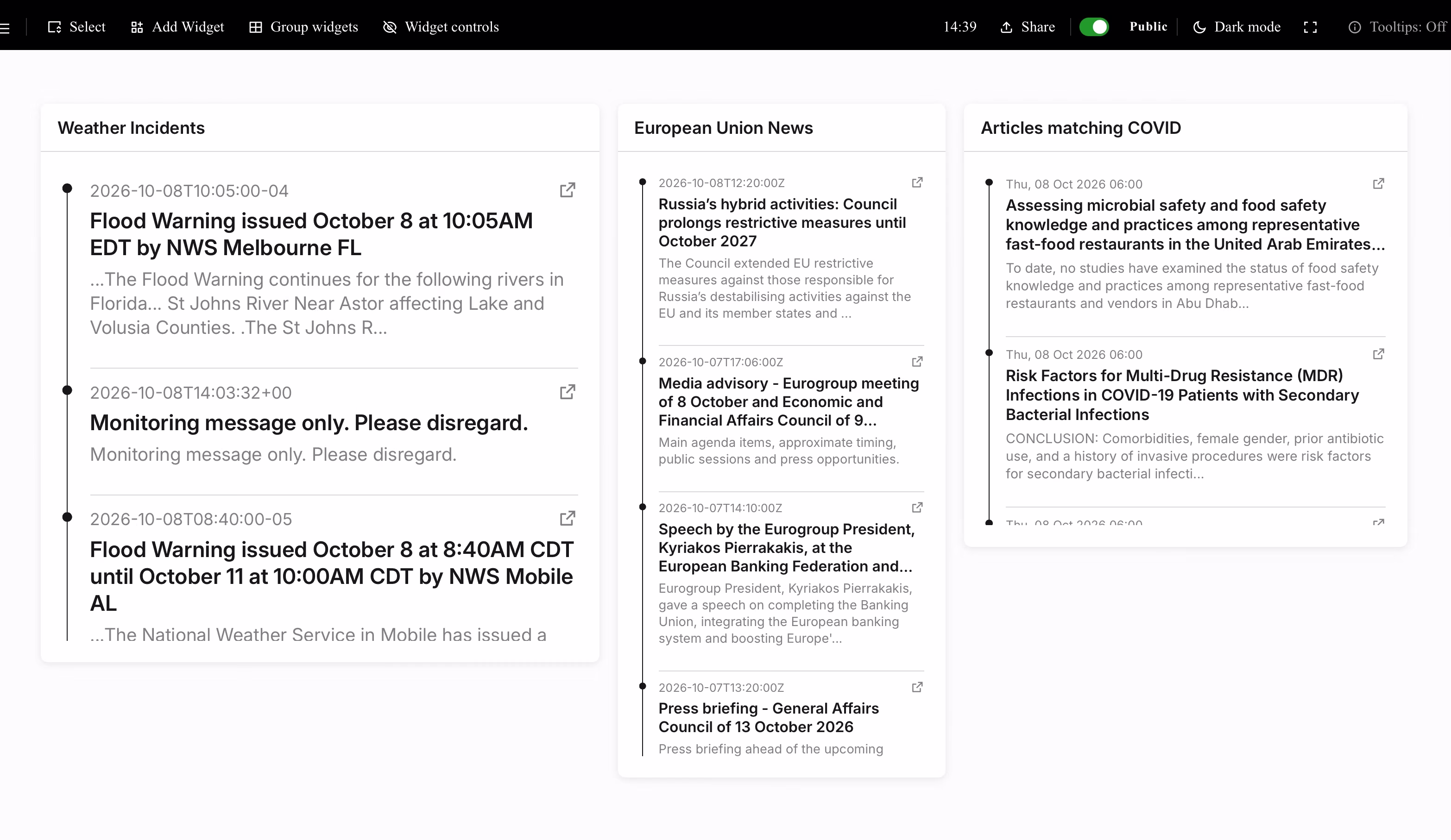 Panel de Specula con 3 widgets RSS