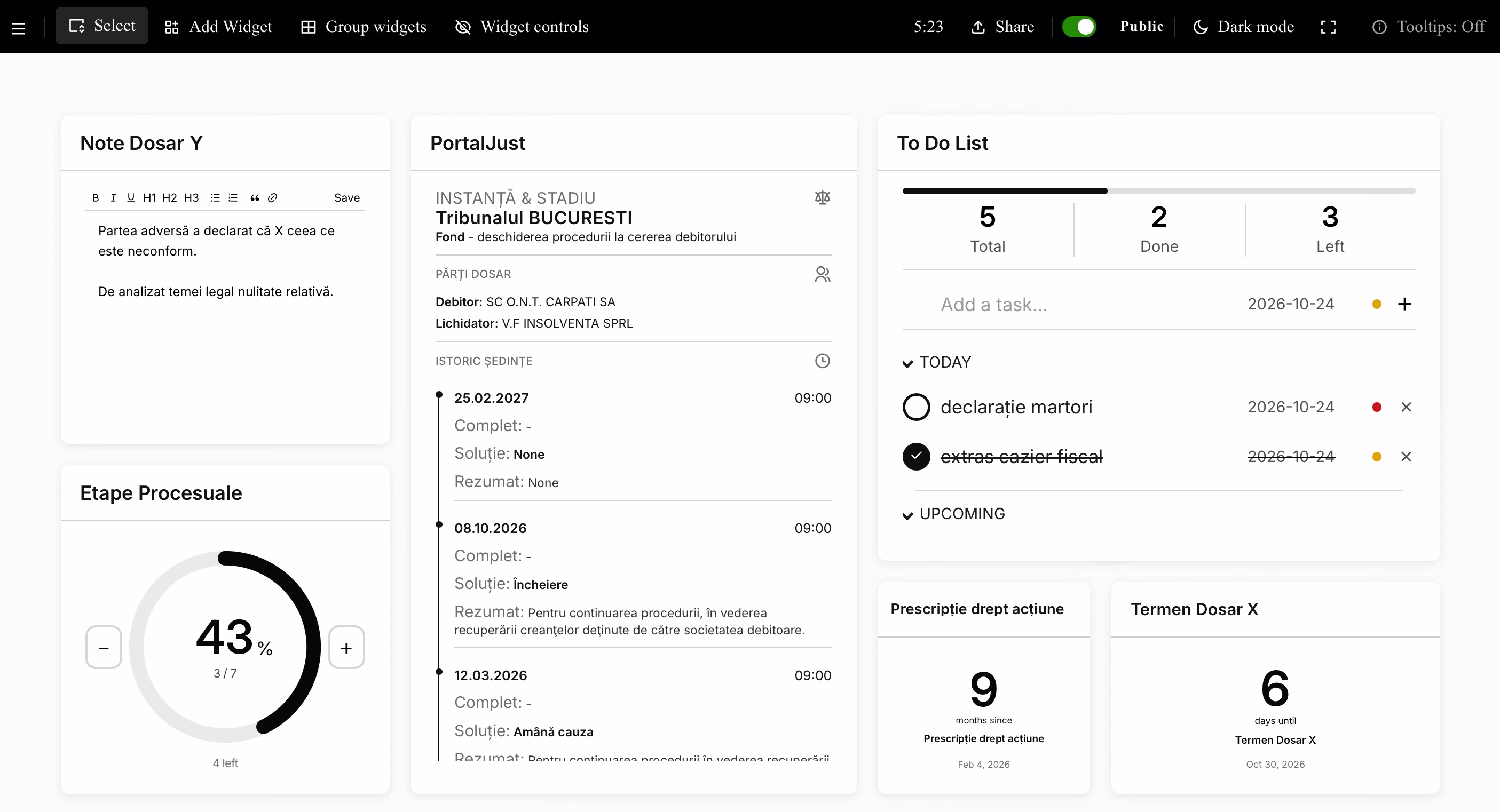 Exemplu Dashboard cu widget PortalJust