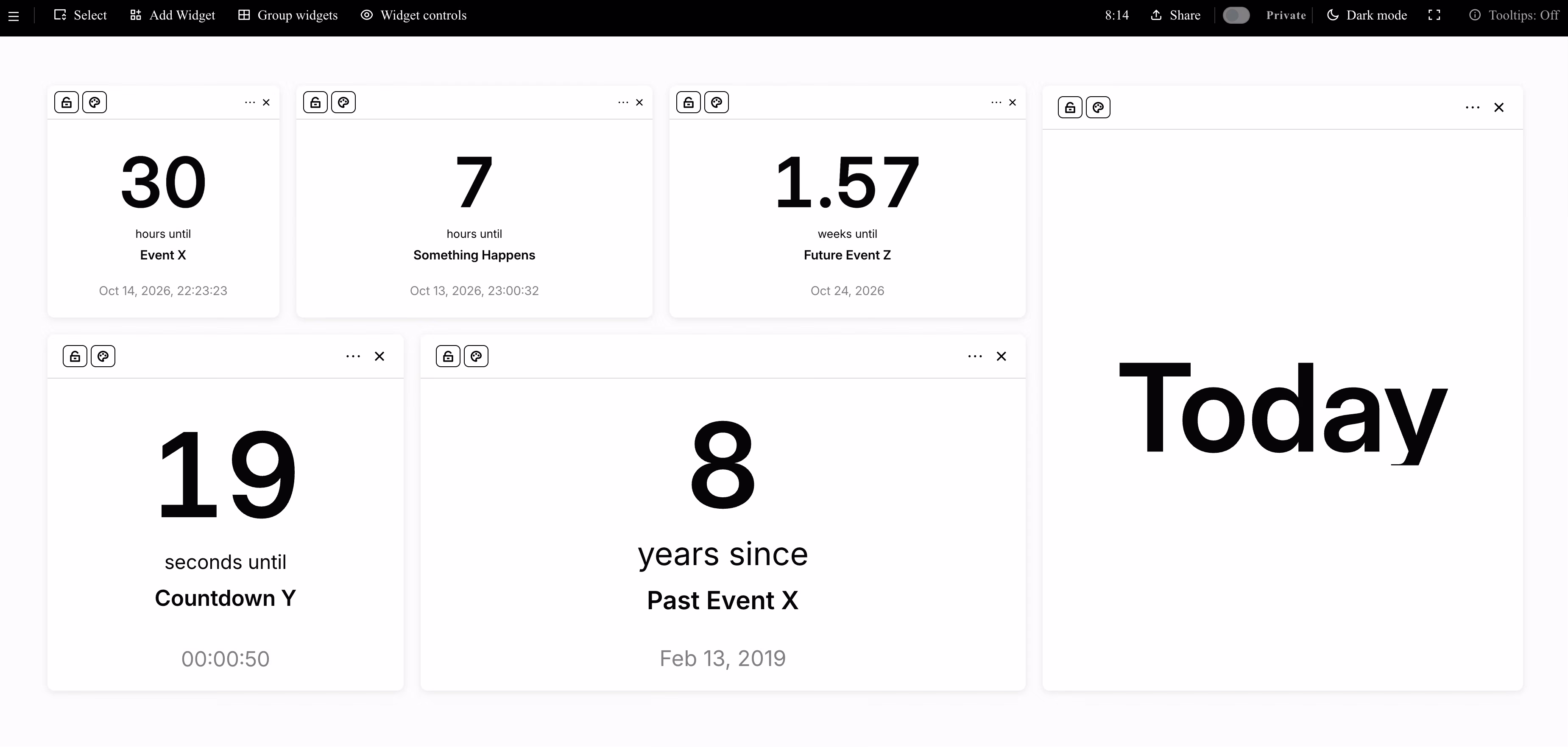 Contoh dasbor dengan widget Time Counter yang telah dikonfigurasi