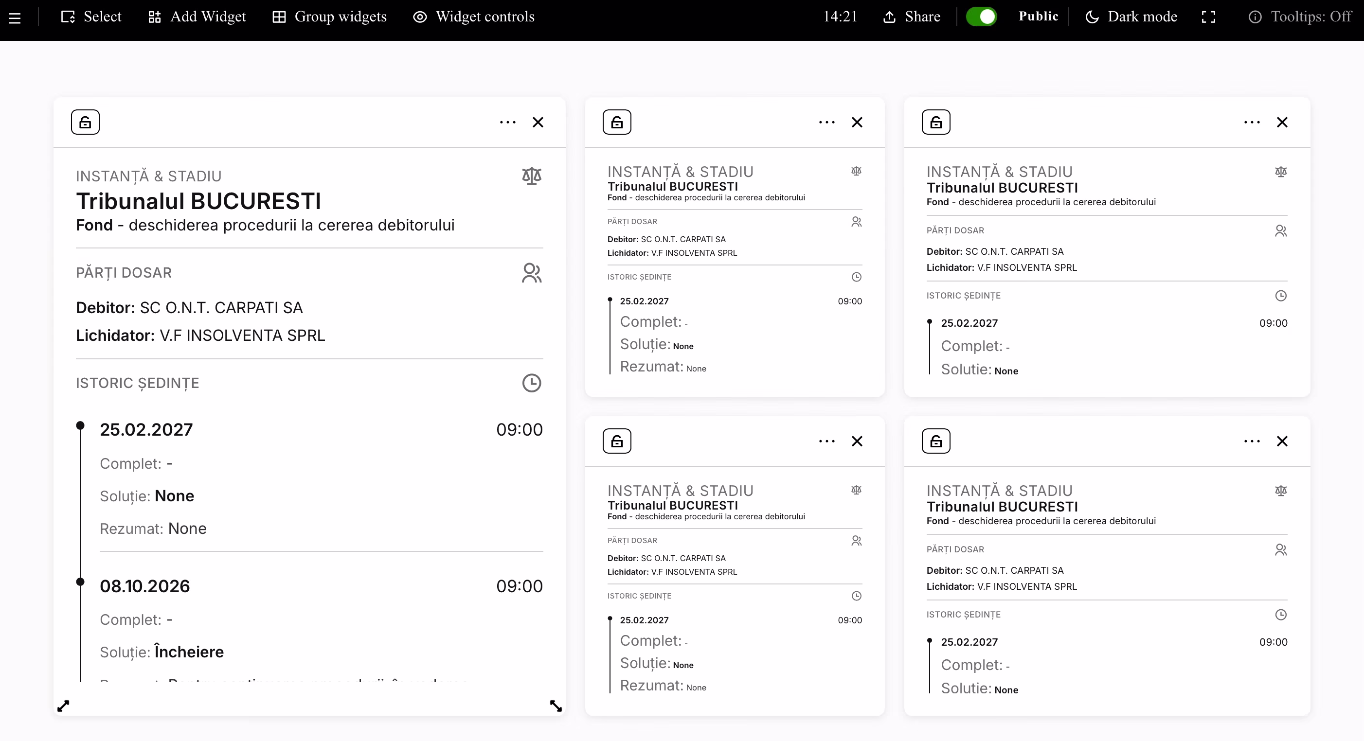 Exemplu Dashboard cu widget PortalJust